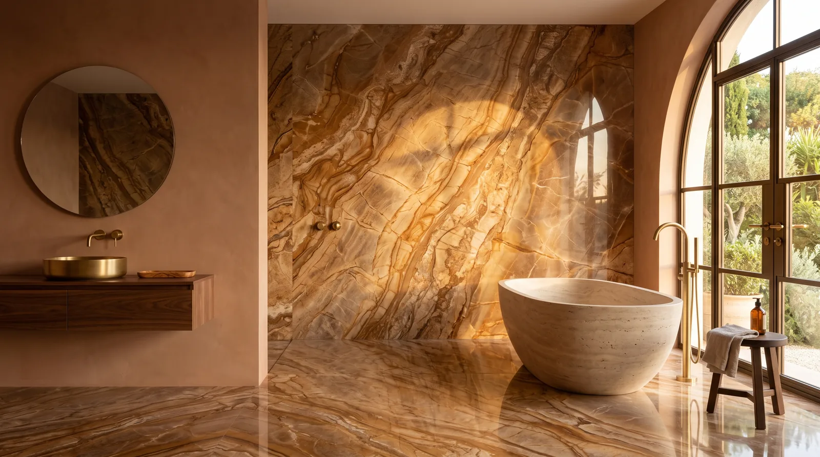 Marble slabs with amber and gold veining in a spa bathroom