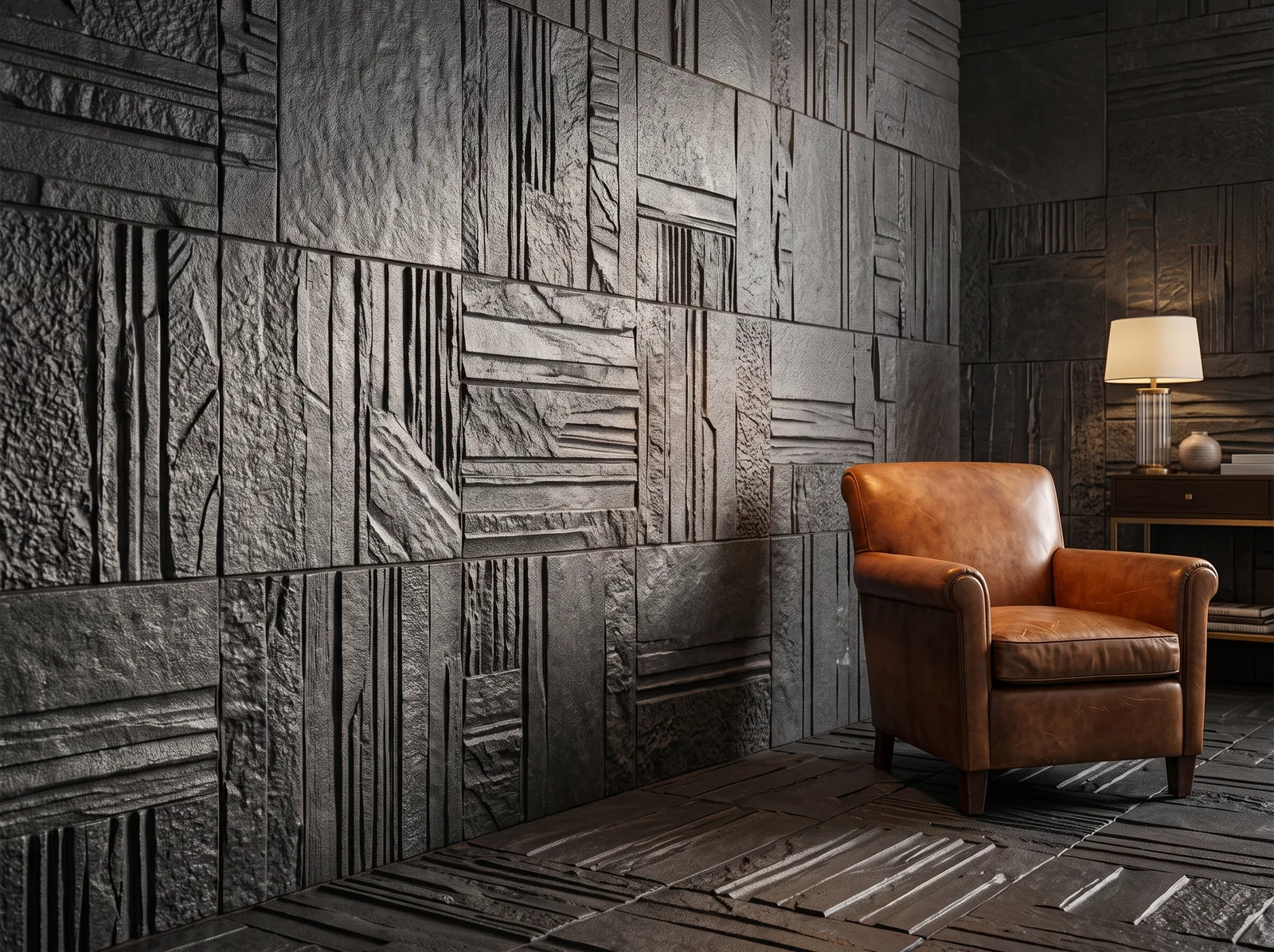 A deep relief carved charcoal wall and floor with a leather armchair