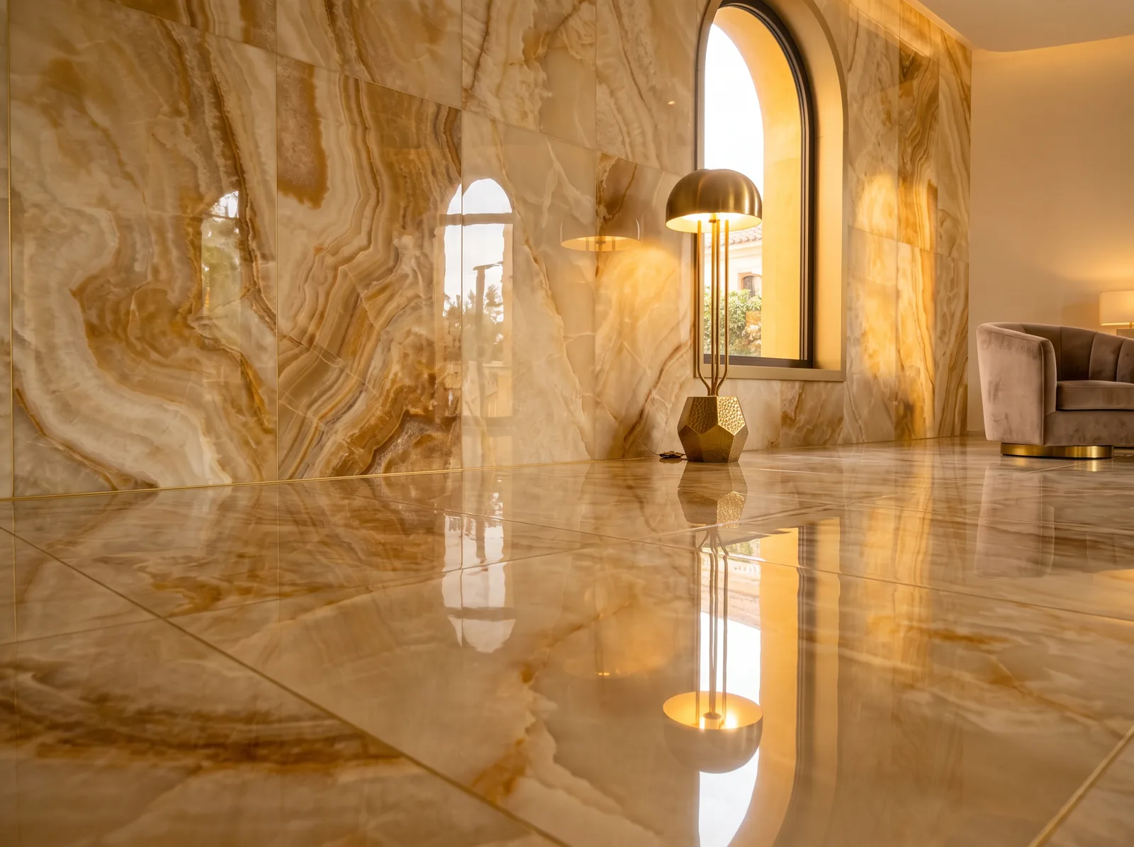 A mirror-polished onyx-look wall and floor in a lobby, reflecting an arched window and a brass lamp