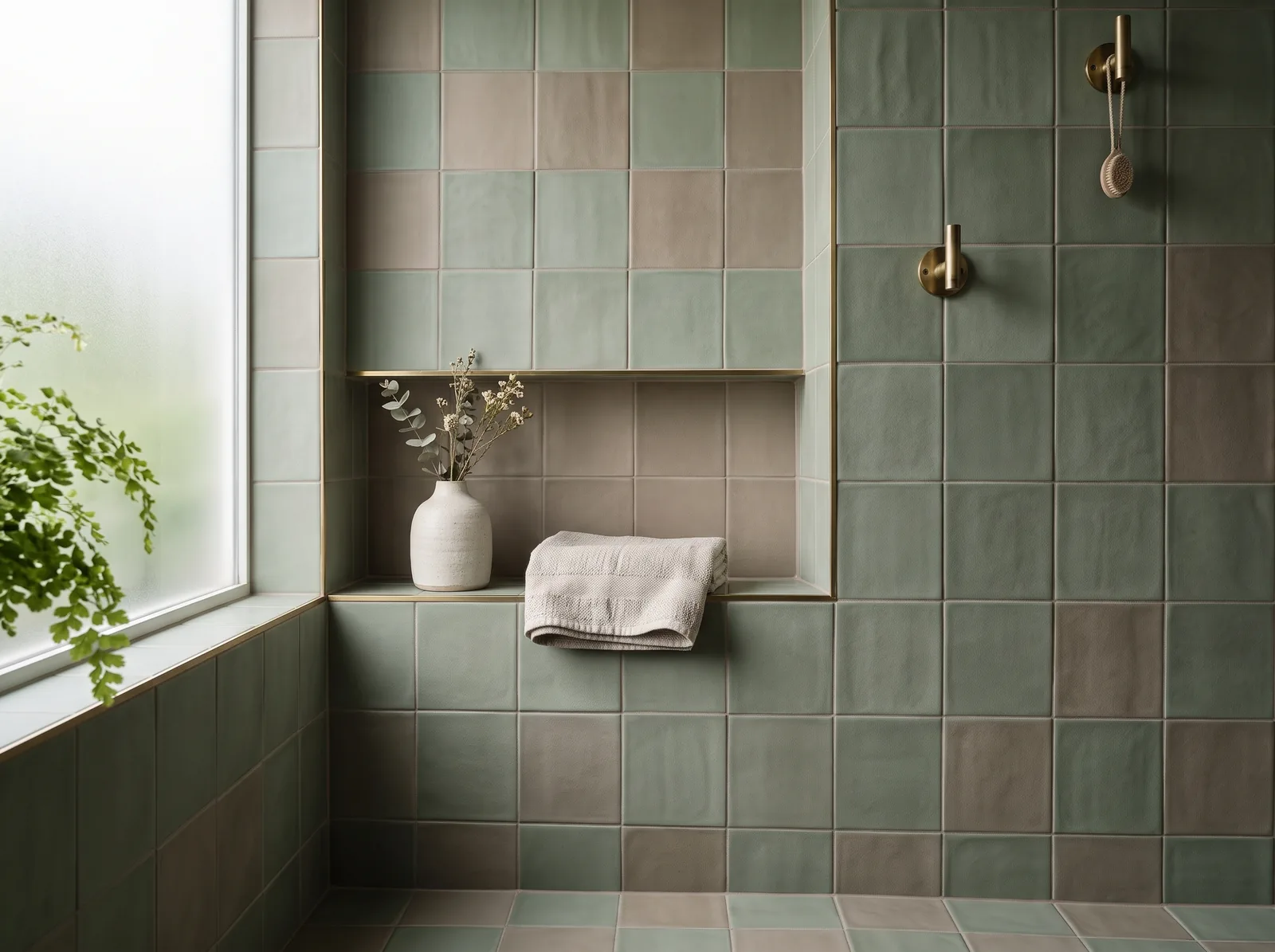 Soft matt sage and taupe tiles in a calm bathroom