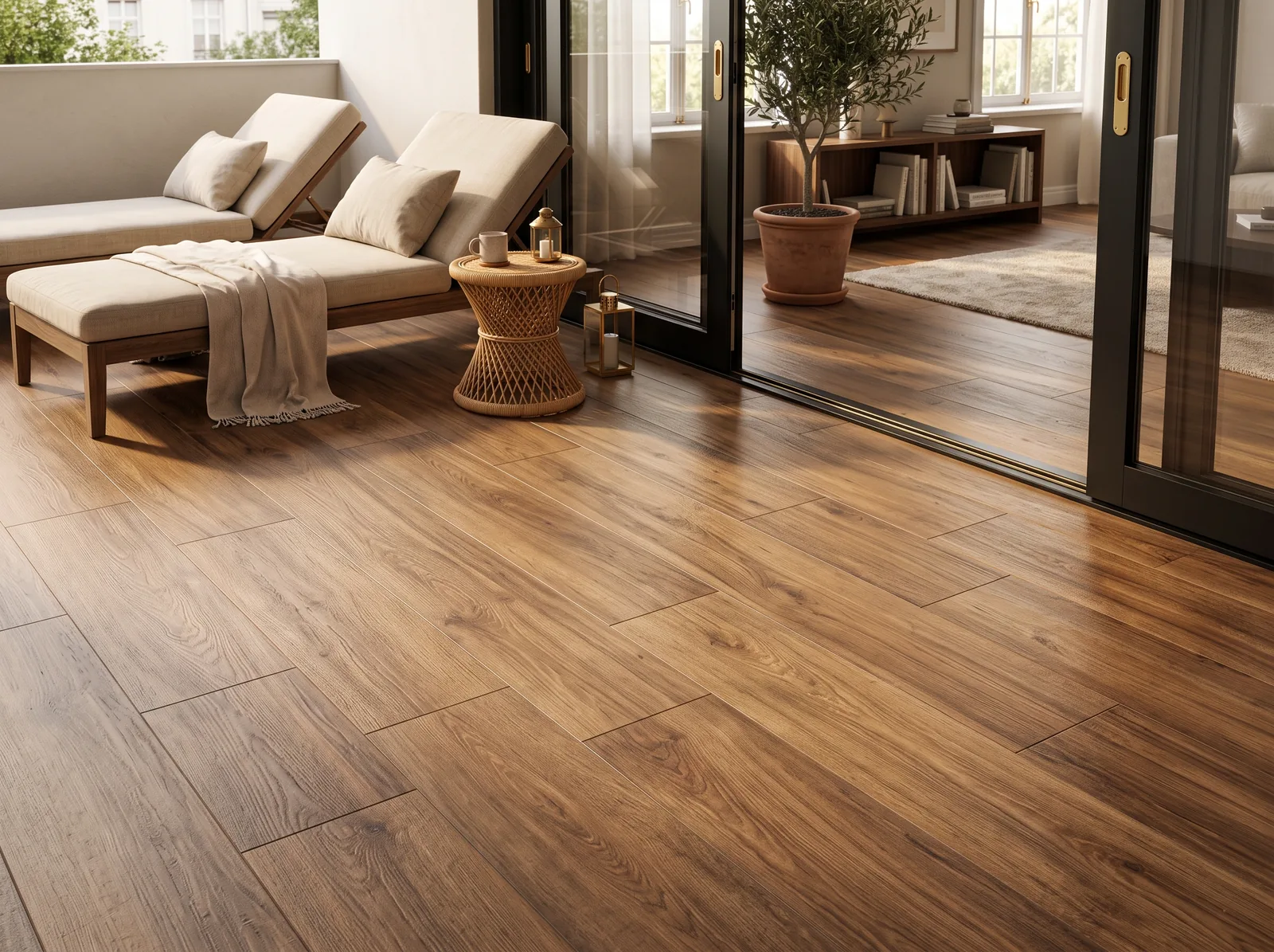 Warm wood-look planks on a terrace and in a living room